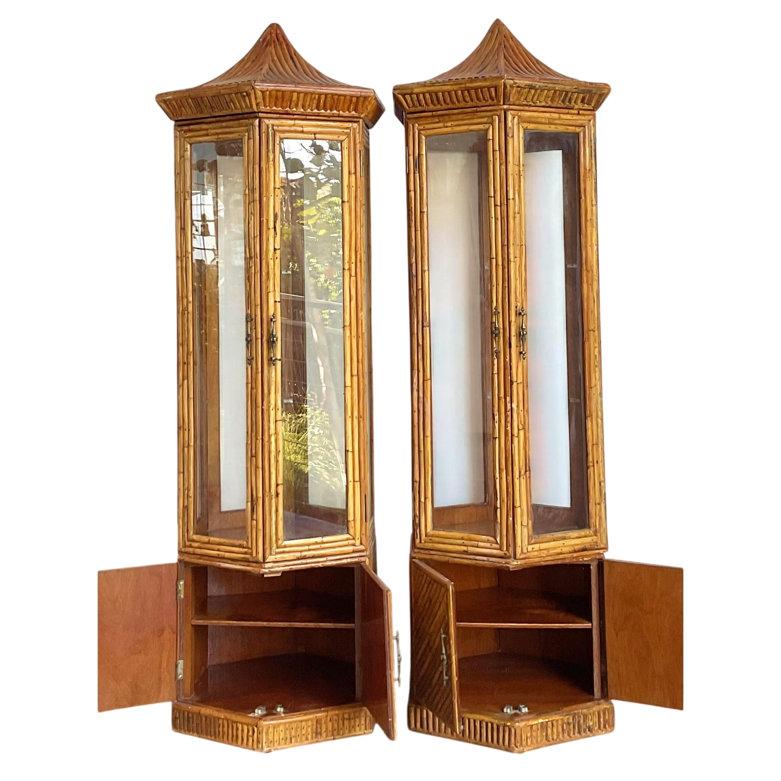 Vintage Pagoda Split Rattan Tall Cabinets - A Pair
