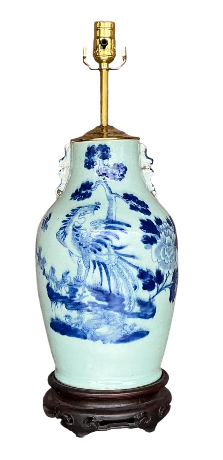Antique 19th Century Asian Blue and White Rooster Lamp