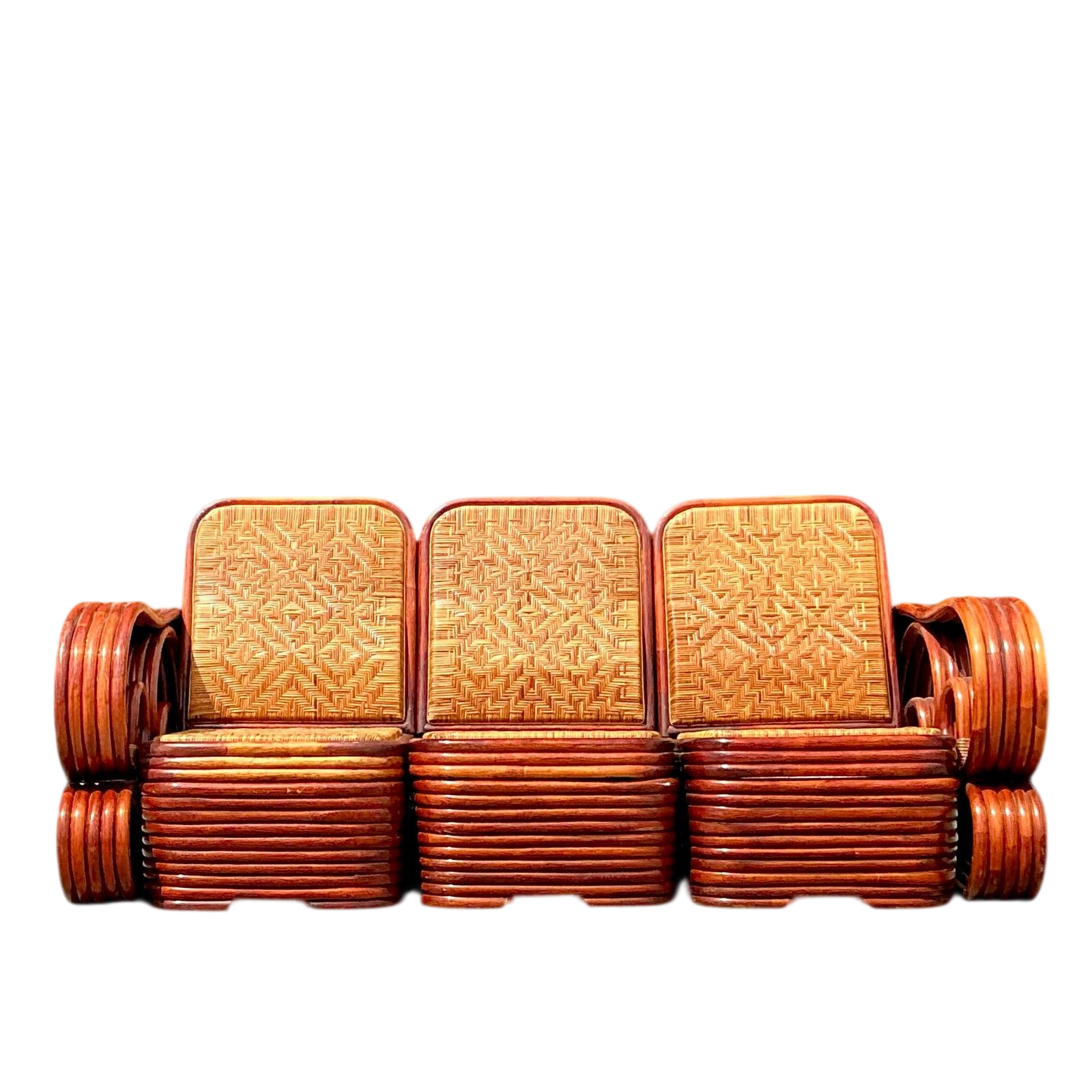 Vintage Coastal Scroll Rattan With Woven Rattan Seats 3 Piece Sofa