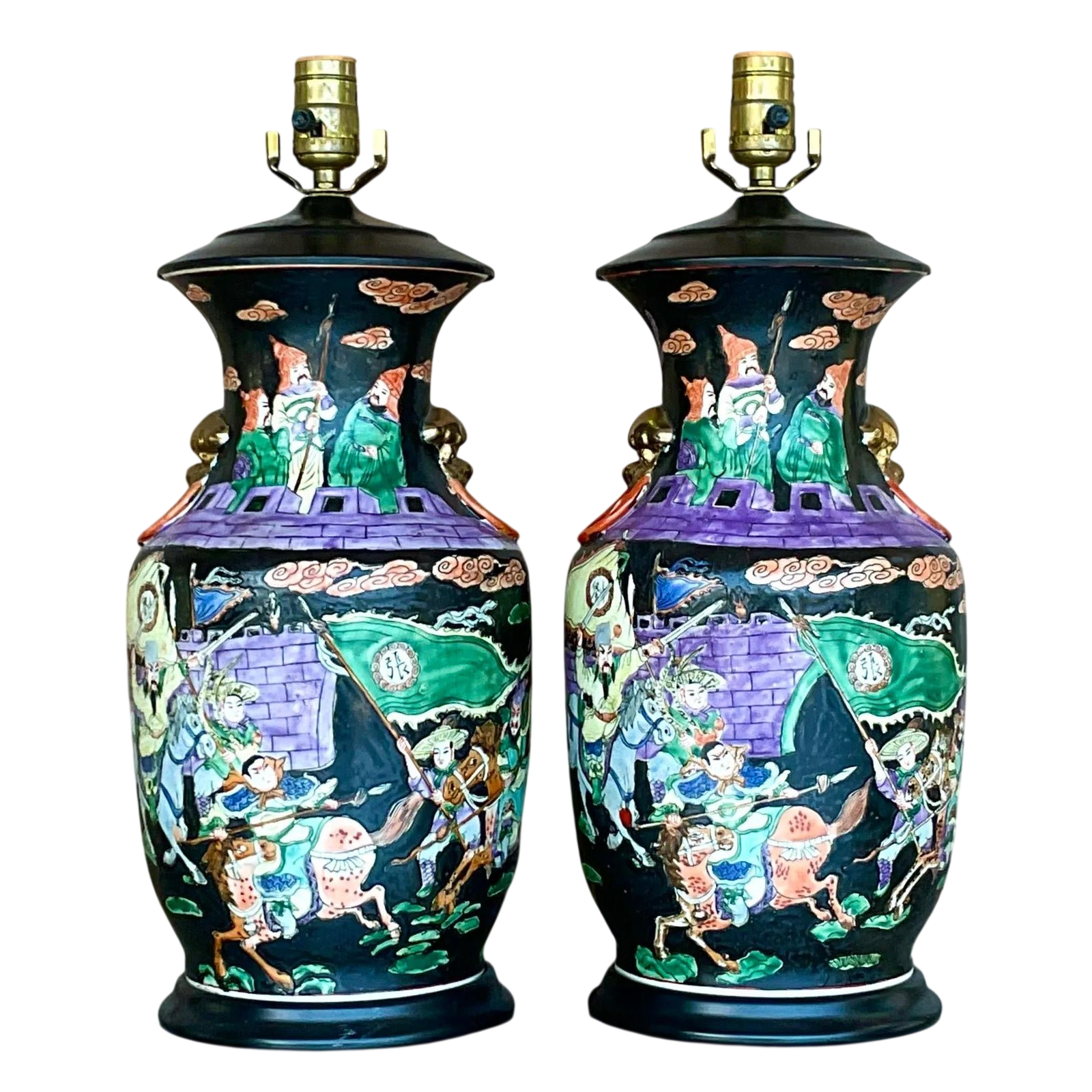 Vintage Asian Jewel Tone Chinoiserie Ceramic Lamps - a Pair