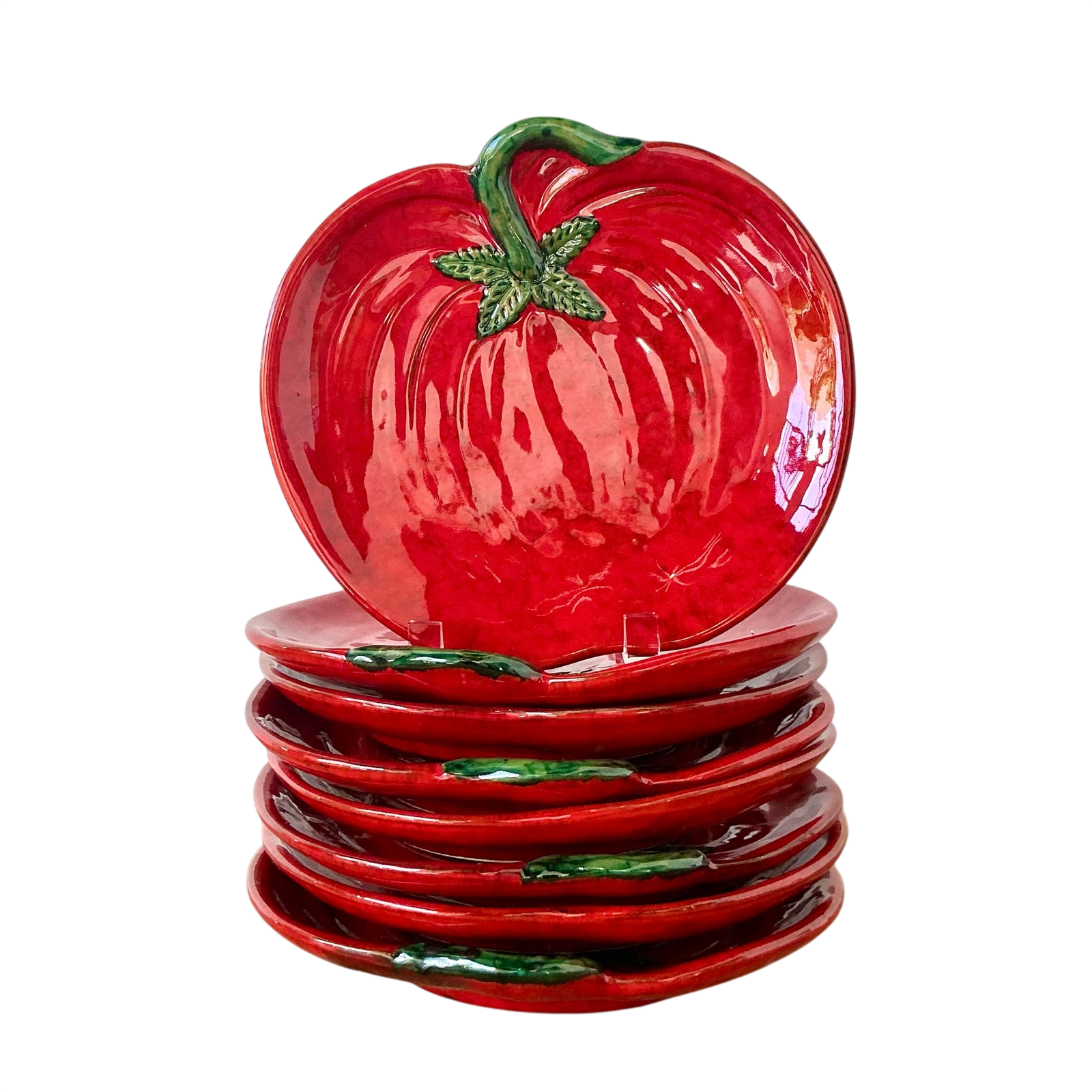 Vintage 1960s Italian Glazed Ceramic Tomato Plates - Set of 8