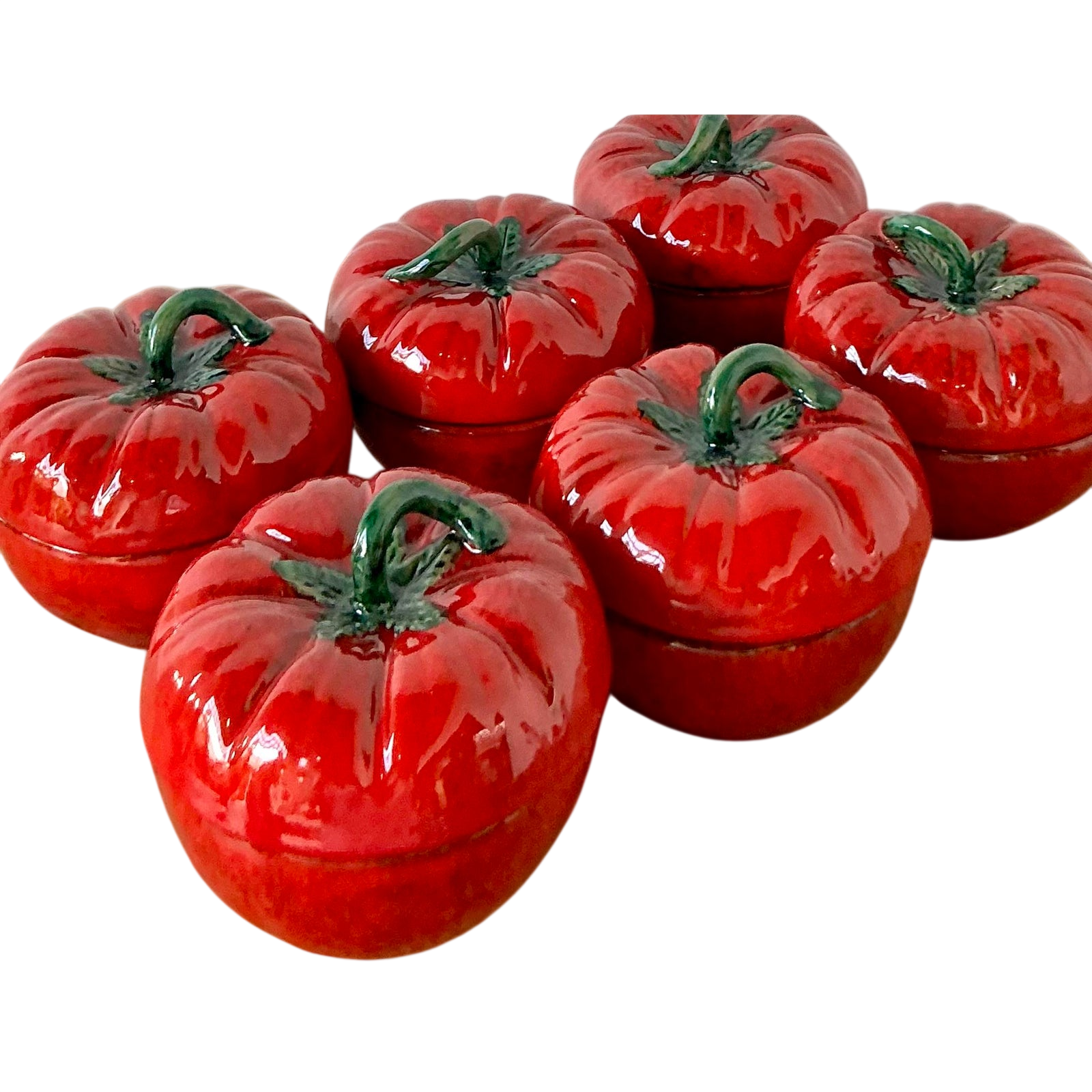 Vintage 1960s Italian Glazed Ceramic Tomato Lidded Bowls - Set of 6