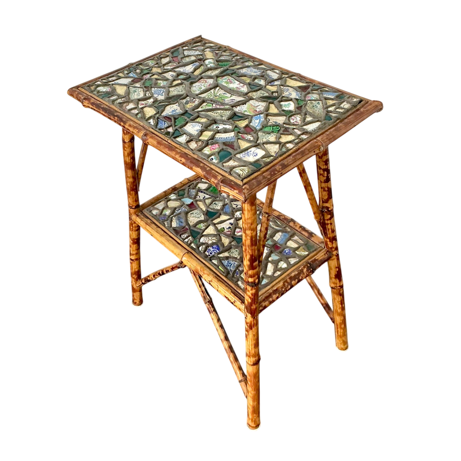 Vintage Boho China Mosaic Bamboo Side Table