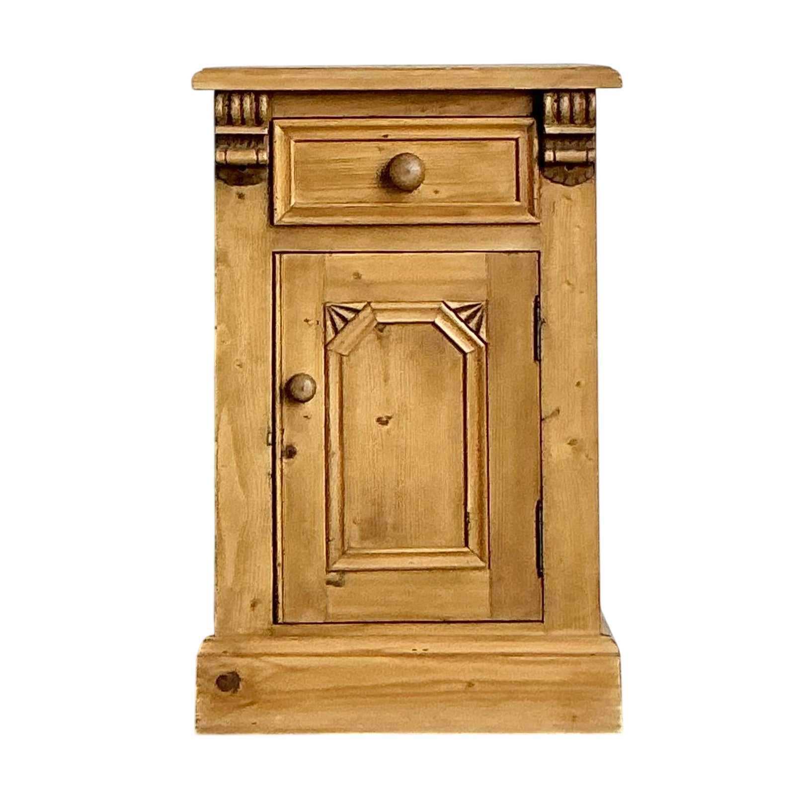 Vintage Boho Carved Knotty Pine Nighstand - Detail view