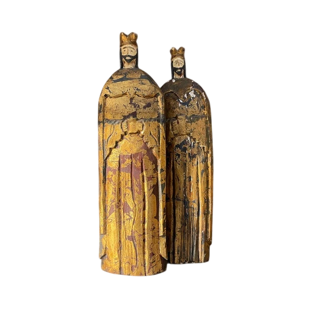 Vintage Boho Gilt Carved Wood Santos Figures- a Pair - Detail view