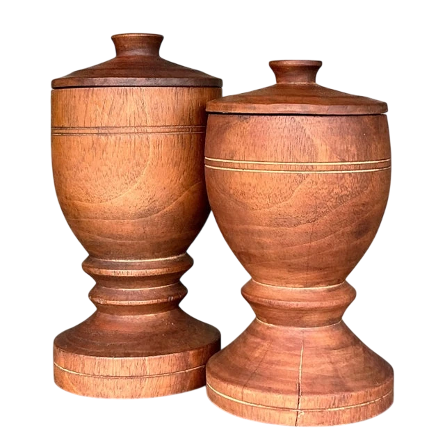 Vintage Boho Turned Wood Lidded Urns - a Pair - Detail view