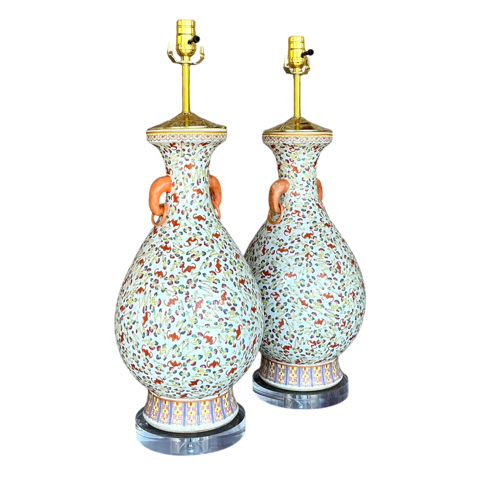 Vintage Regency Chinoiserie Floating Floral Ceramic Lamps - A Pair - Detail view