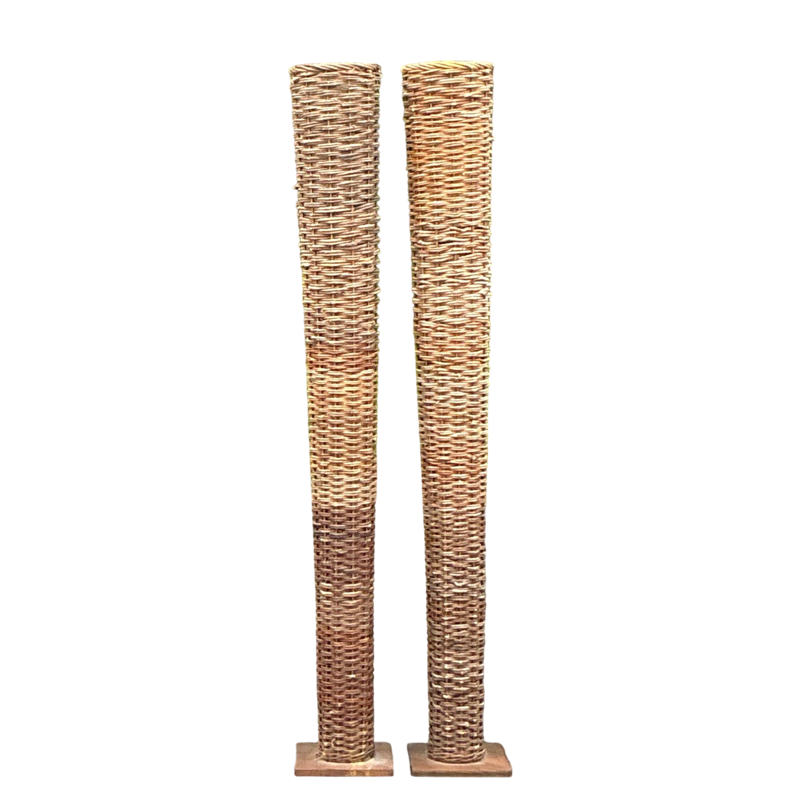 Vintage Boho Woven Rattan Tall Floor Vases - A Pair - Detail view