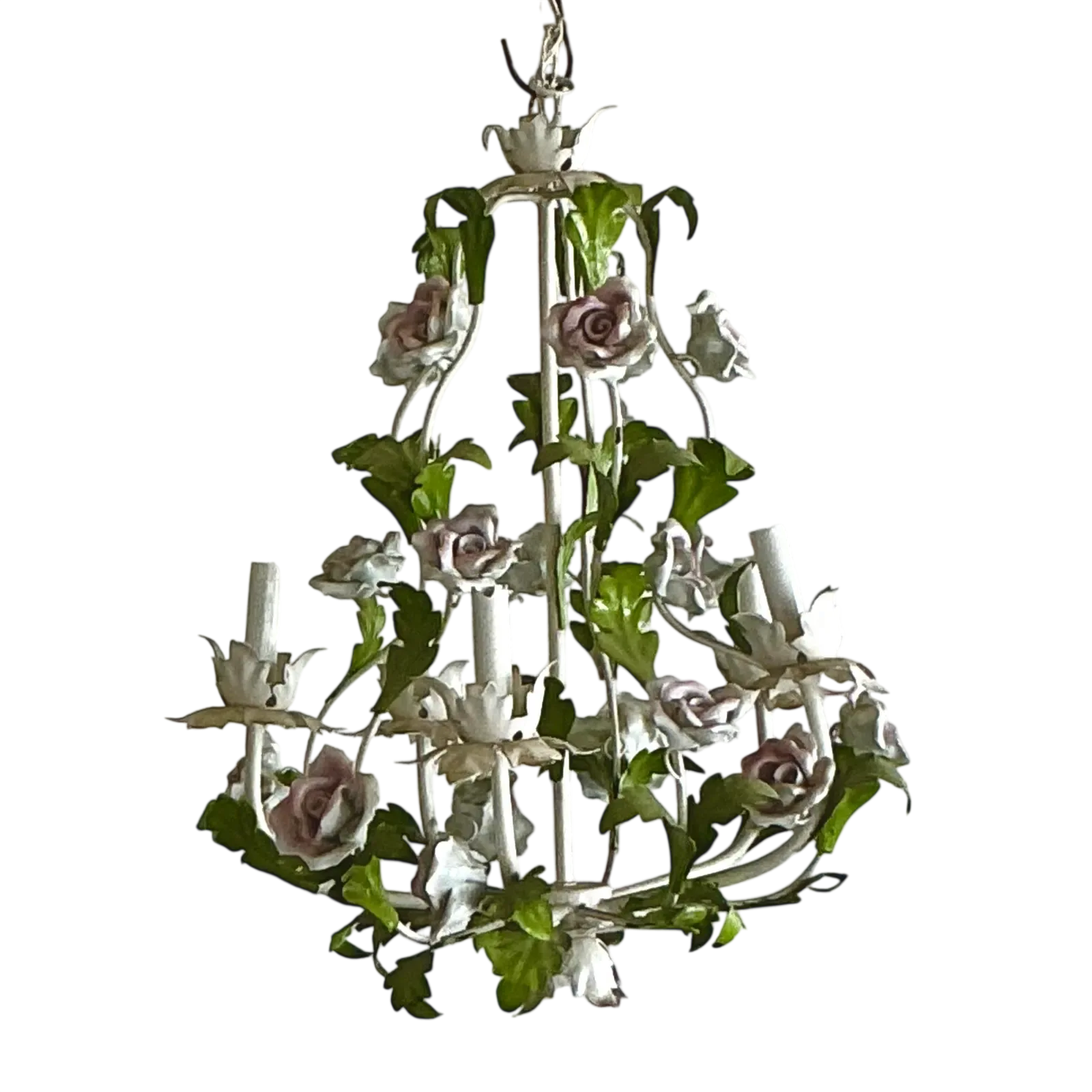 Vintage Regency Tole Roses Chandelier - Detail view