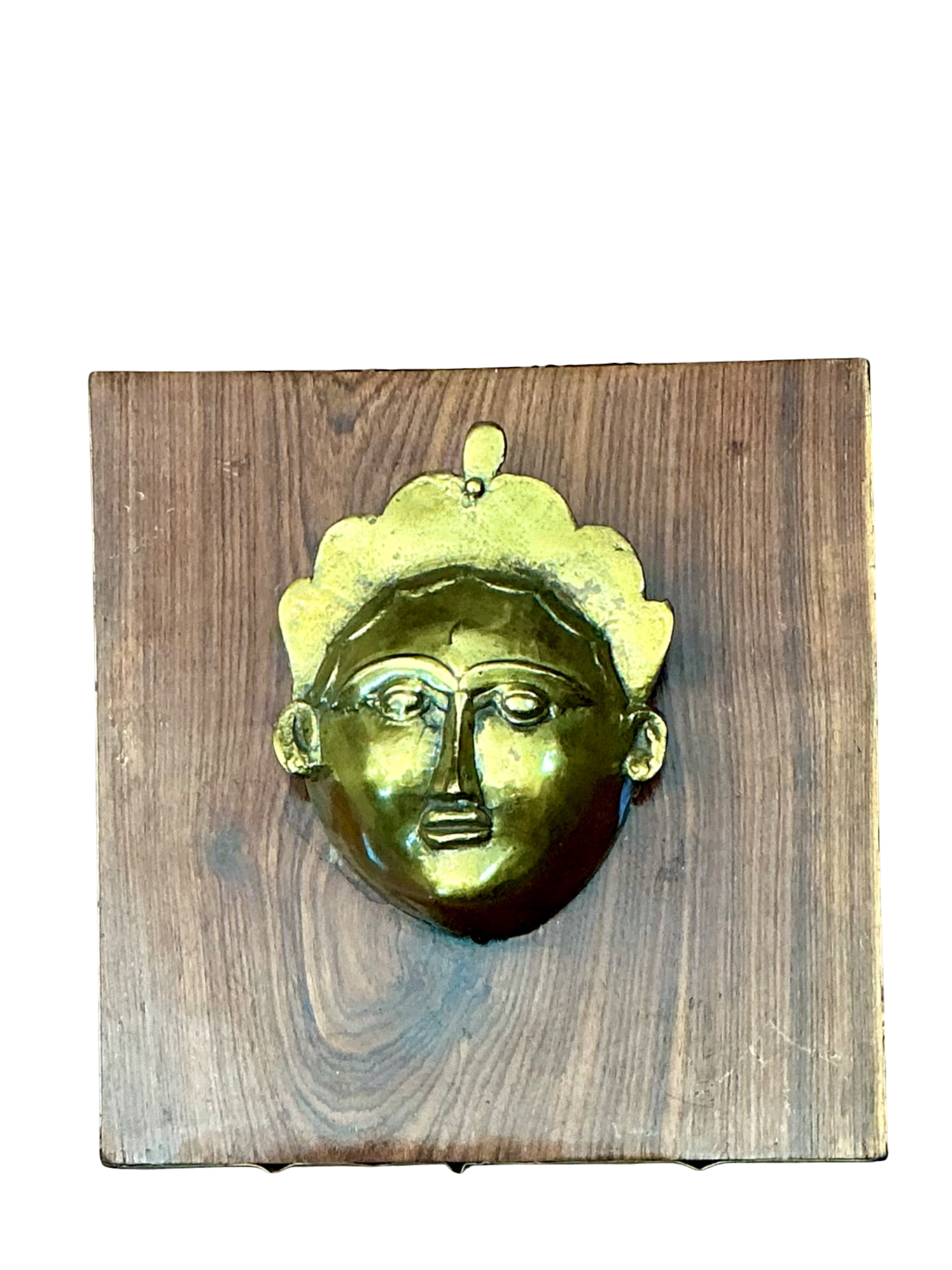 Vintage Brass Mask Mounted on Wood