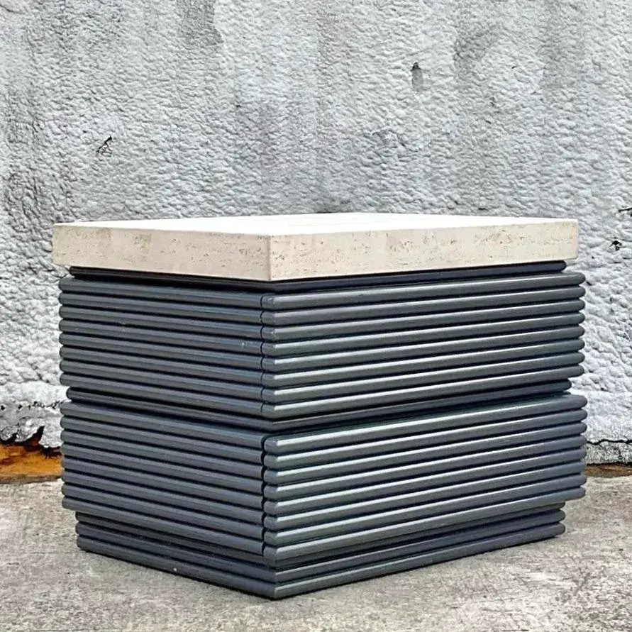 Stone Top Gray Lacquered Single Nightstand - Back view