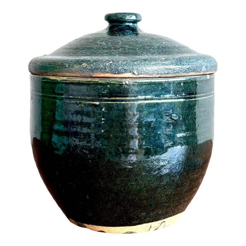 Vintag Boho Forrest Green and Terracotta Lidded Vessel - Detail view