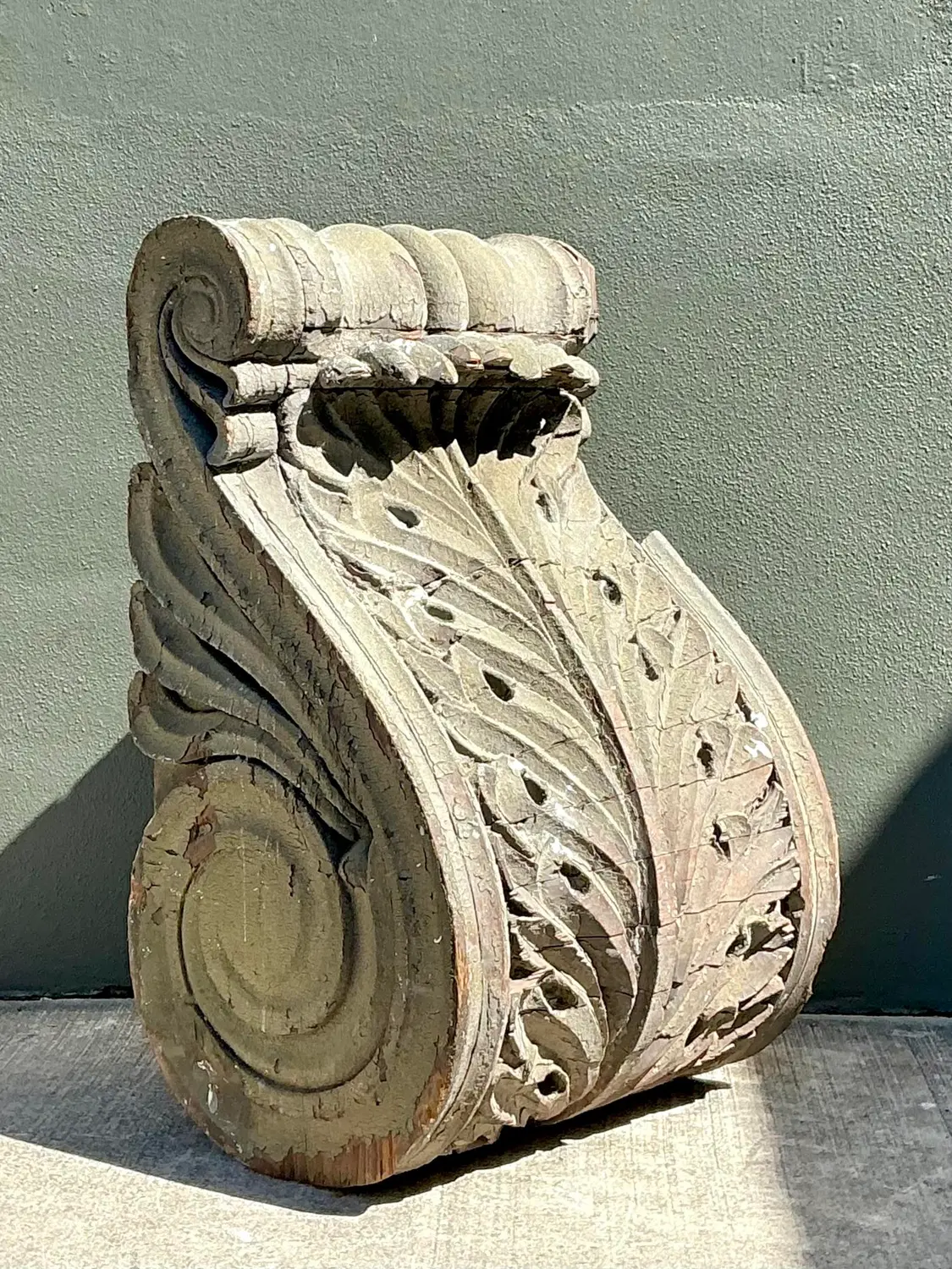 Vintage 1880s Monumental Distressed Wood Corbel - Detail view