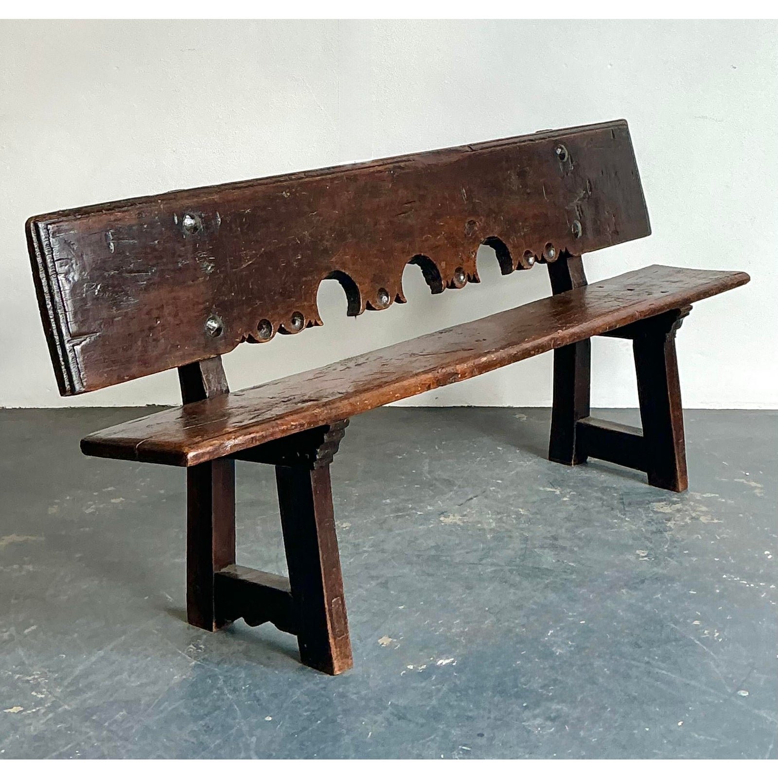 Vintage 18th Century Carved Plank Bench - Detail view