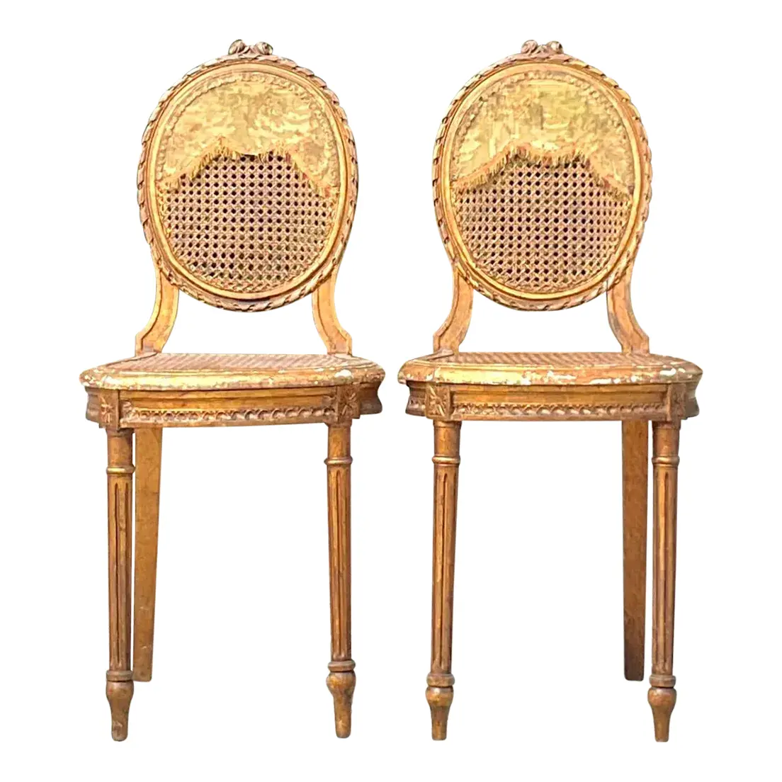 Vintage 18th Century Gesso and Cane Medallion Chairs With Tapestry Detail - a Pr