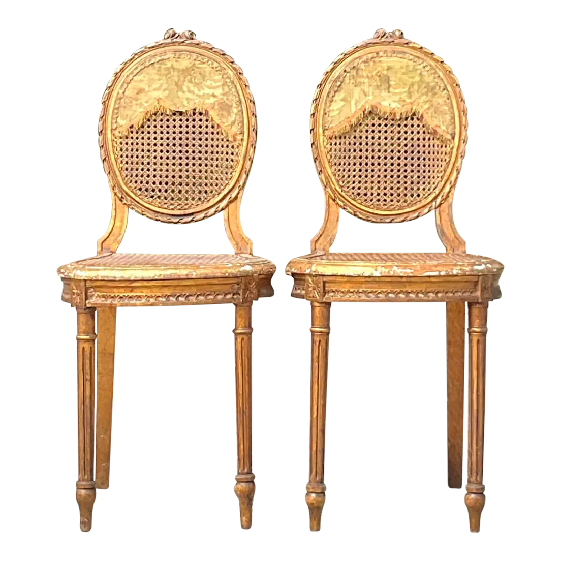 Vintage 18th Century Gesso and Cane Medallion Chairs With Tapestry Detail - a Pr - Detail view