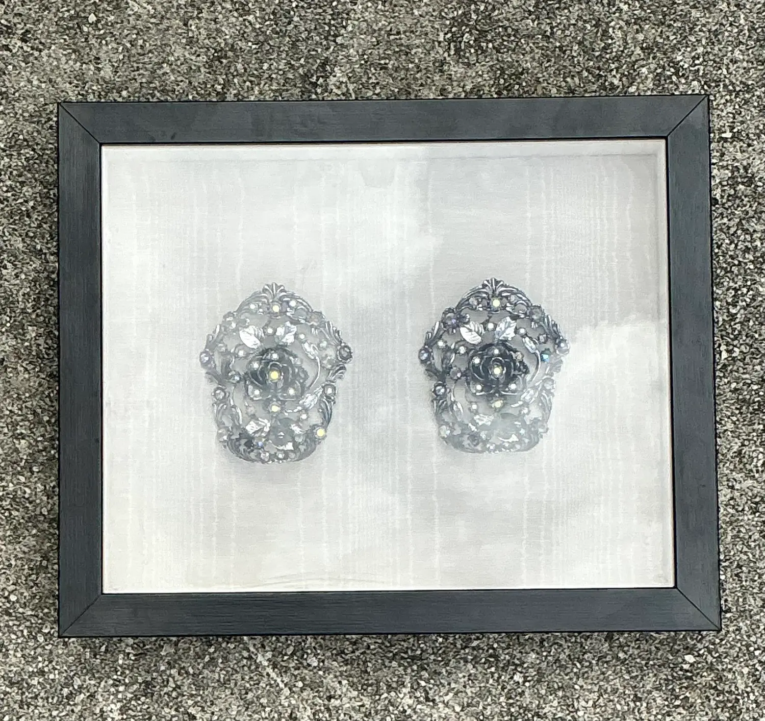 Vintage 1940s Rhinestone Shoe Clips in Shadowbox - Top view