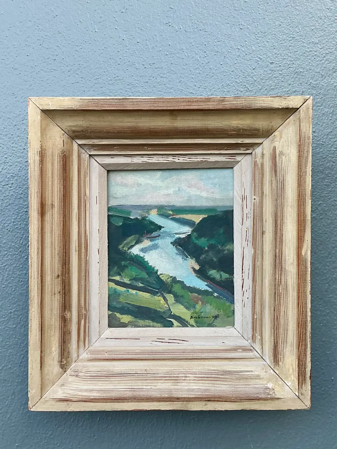 Vintage 1949 Original Landscape Oil on Board - Side view