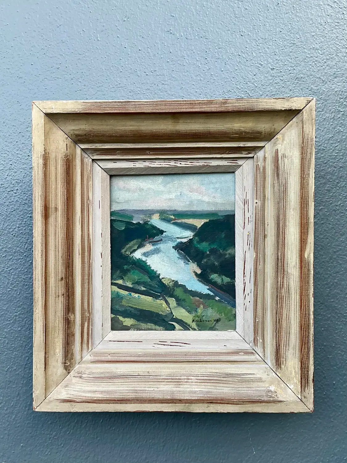 Vintage 1949 Original Landscape Oil on Board - Top view