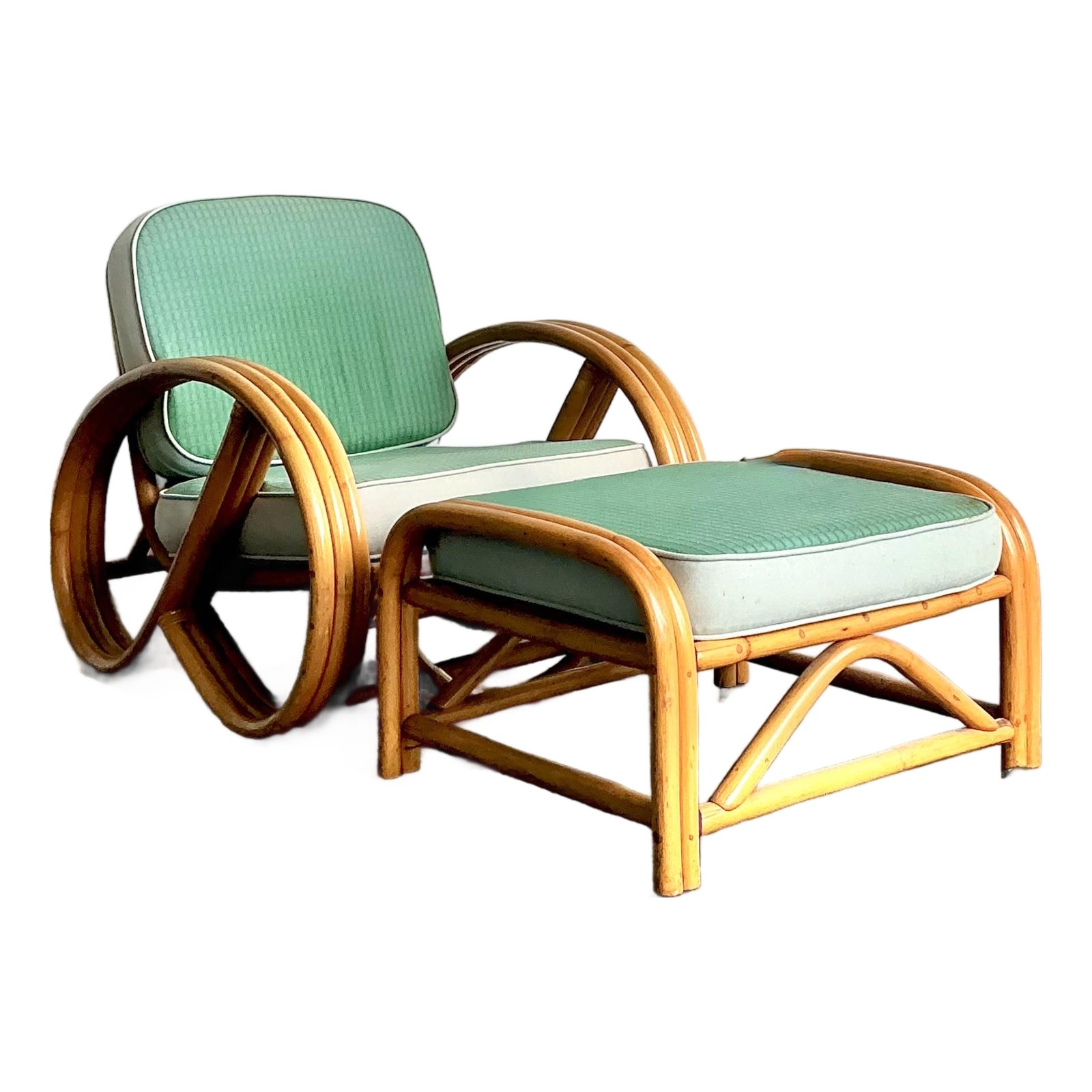 Vintage 1950s Beverly Hills Rattan Lounge Chairs and Ottoman