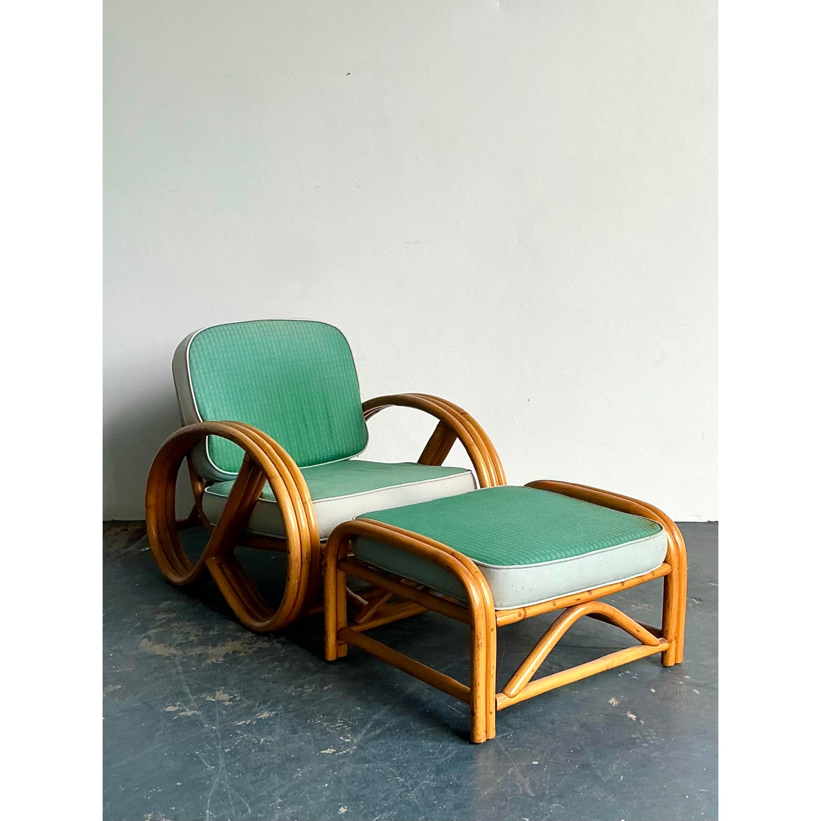 Vintage 1950s Beverly Hills Rattan Lounge Chairs and Ottoman - Side view