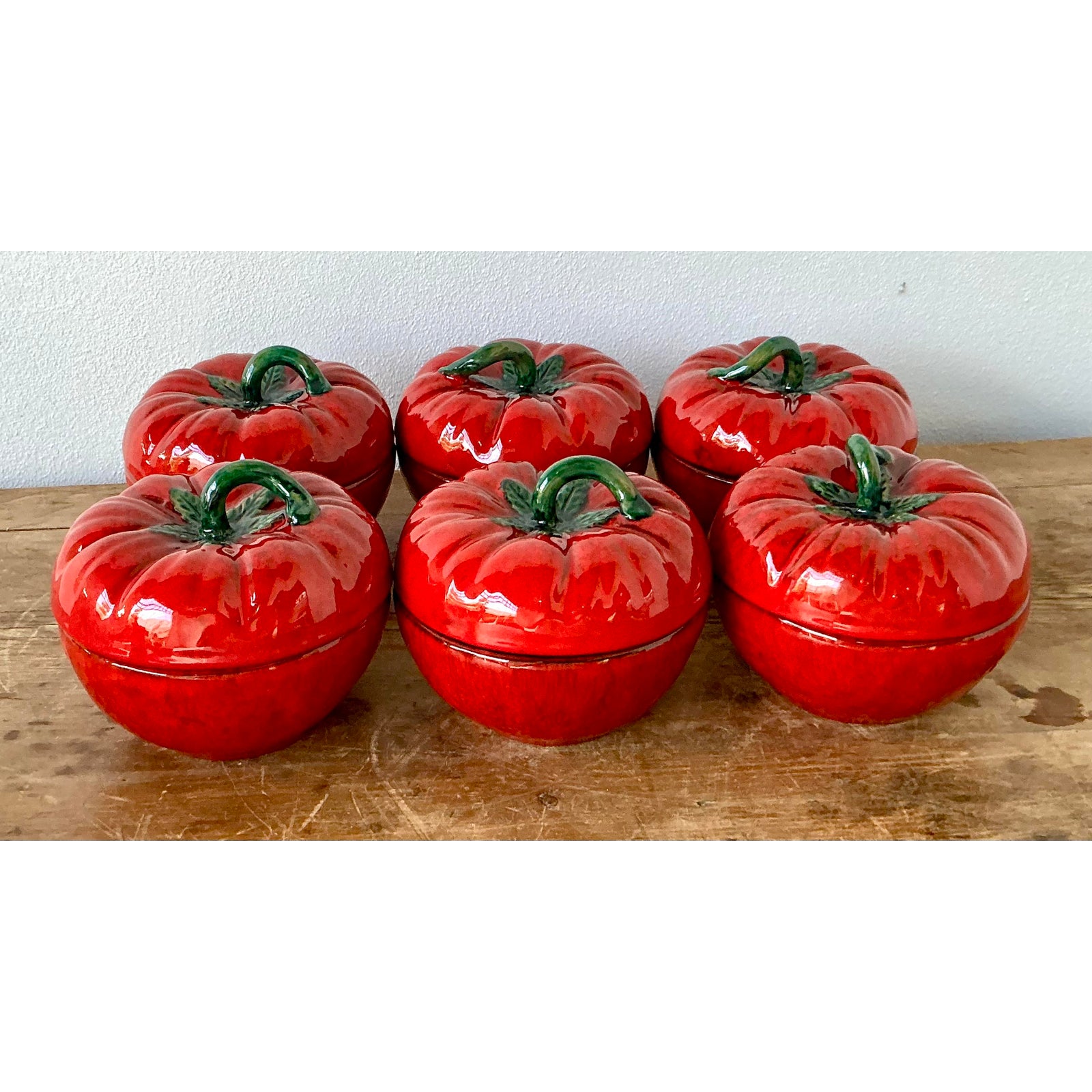 Vintage 1960s Italian Glazed Ceramic Tomato Lidded Bowls - Set of 6 - Back view