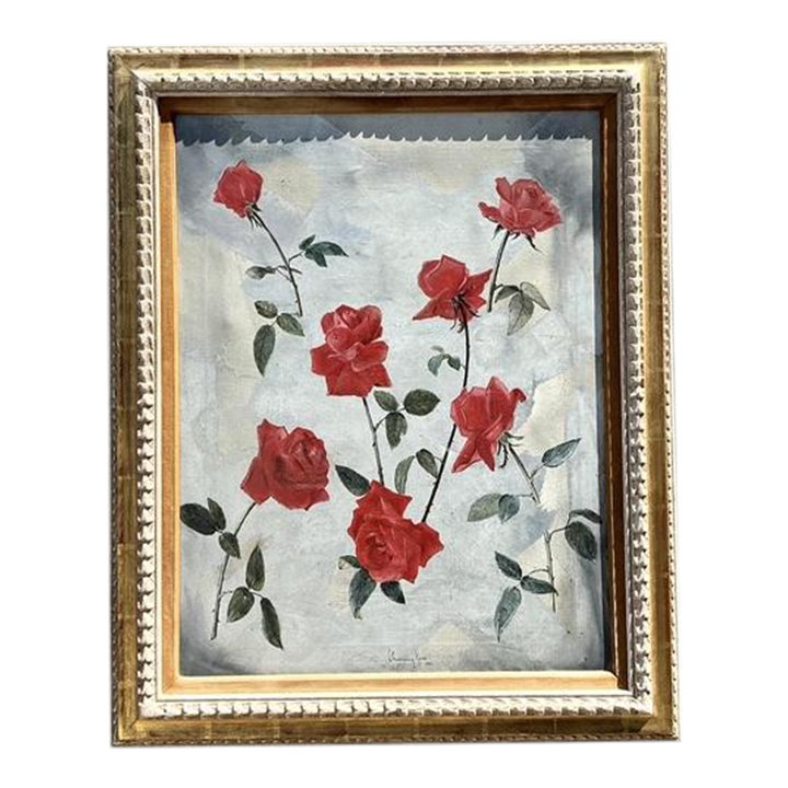 Vintage 1966 Original Floating Roses Oil on Painting - Detail view