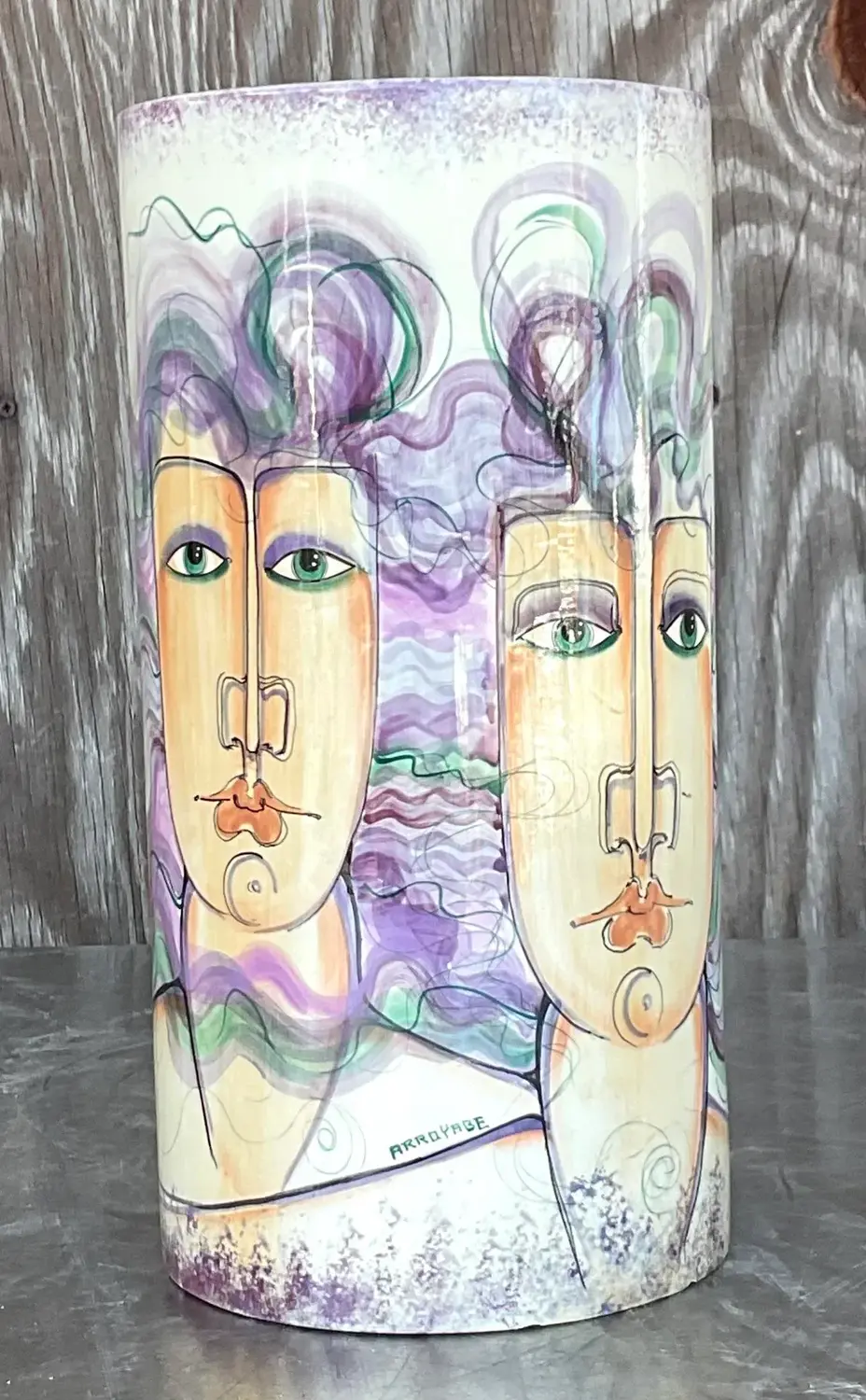 Vintage 1980s Hand Painted Ceramic Vase - Side view