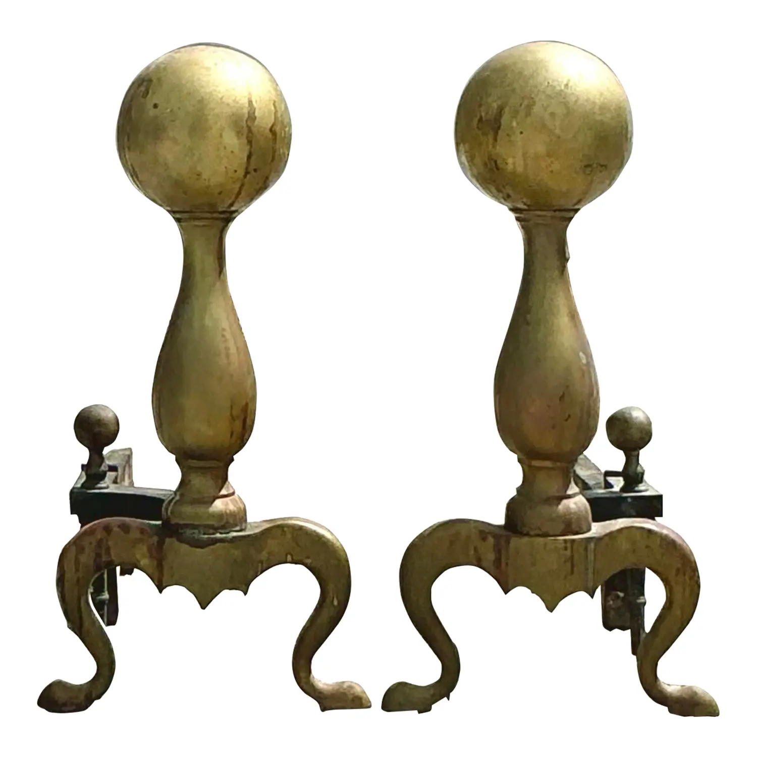 Vintage 19th Century Brass Cannonball Andirons - Set of 2