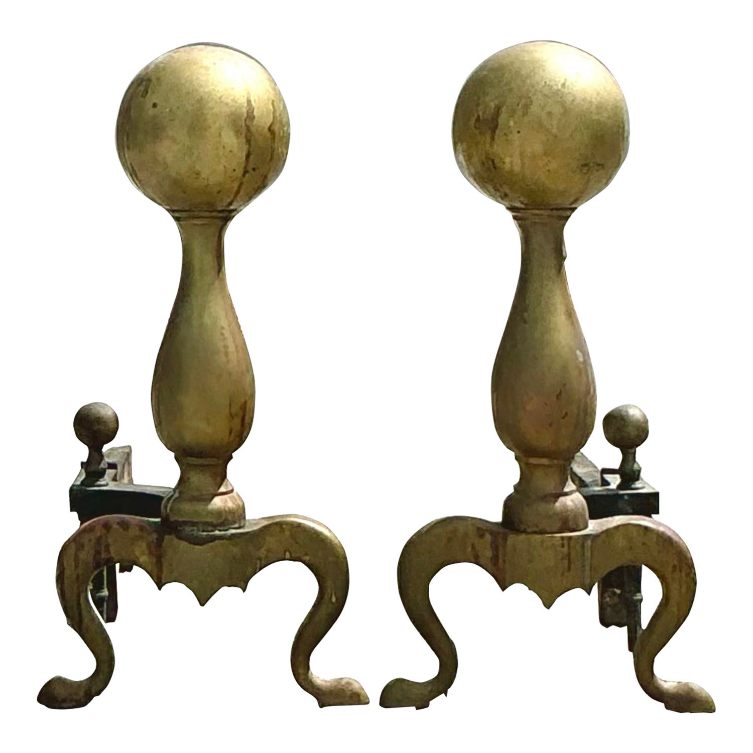 Vintage 19th Century Brass Cannonball Andirons - Set of 2 - Detail view