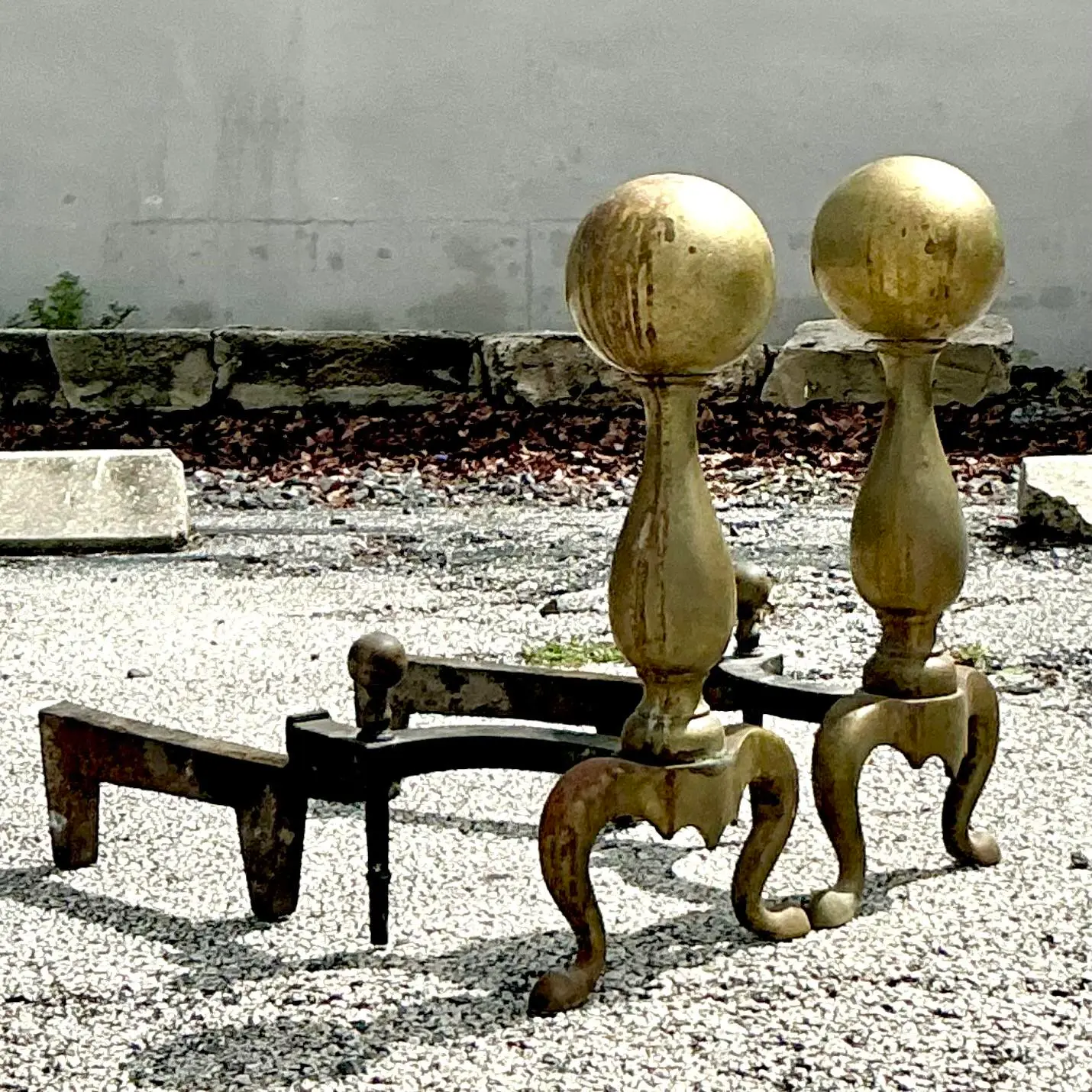 Vintage 19th Century Brass Cannonball Andirons - Set of 2 - Back view