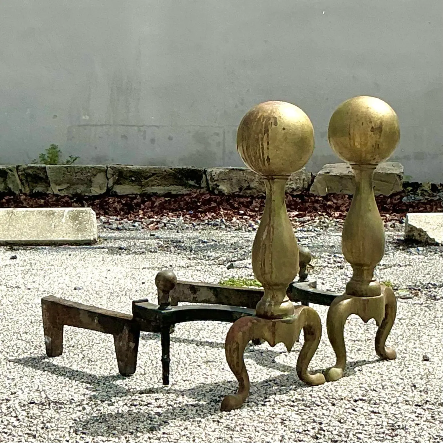 Vintage 19th Century Brass Cannonball Andirons - Set of 2 - Top view