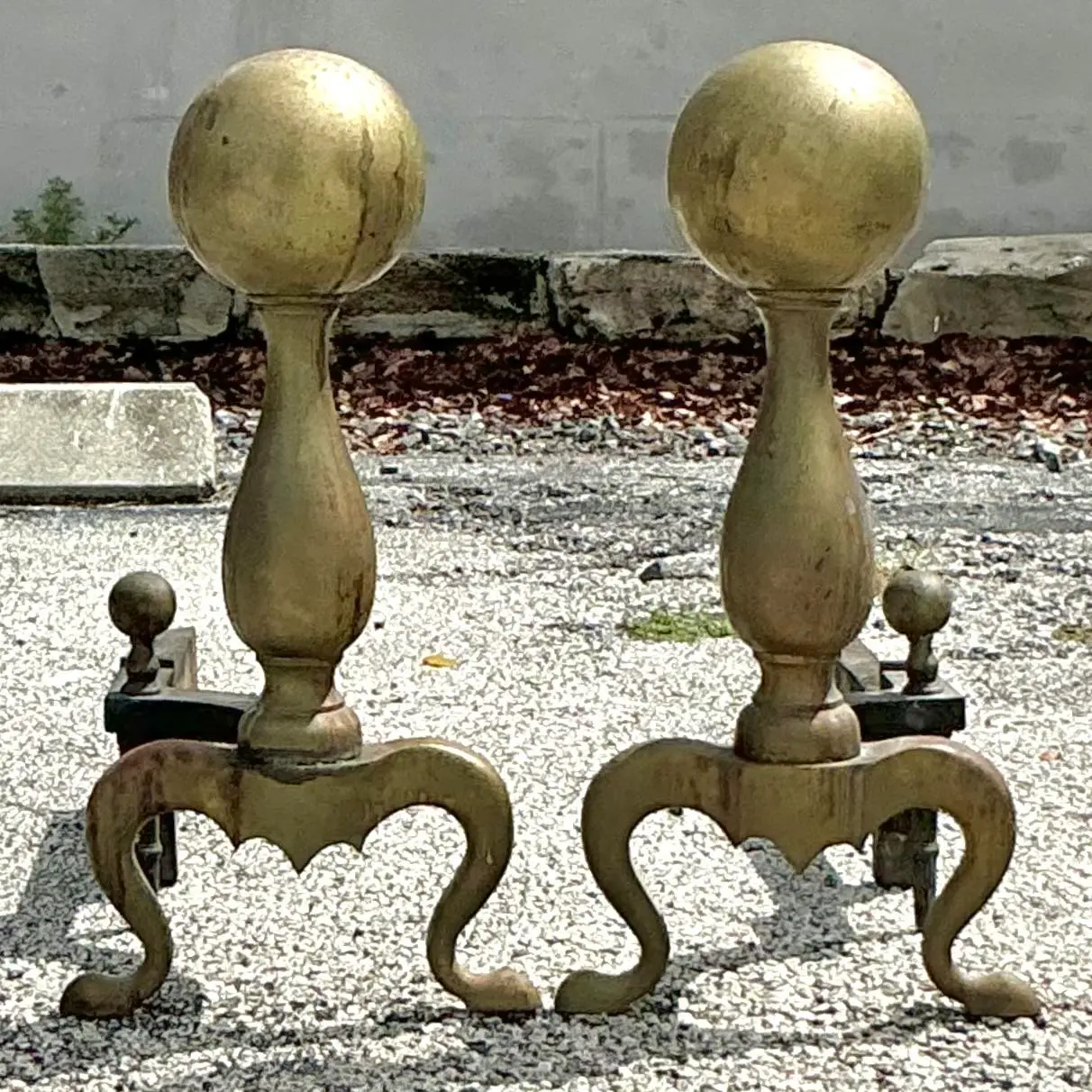 Vintage 19th Century Brass Cannonball Andirons - Set of 2 - Side view
