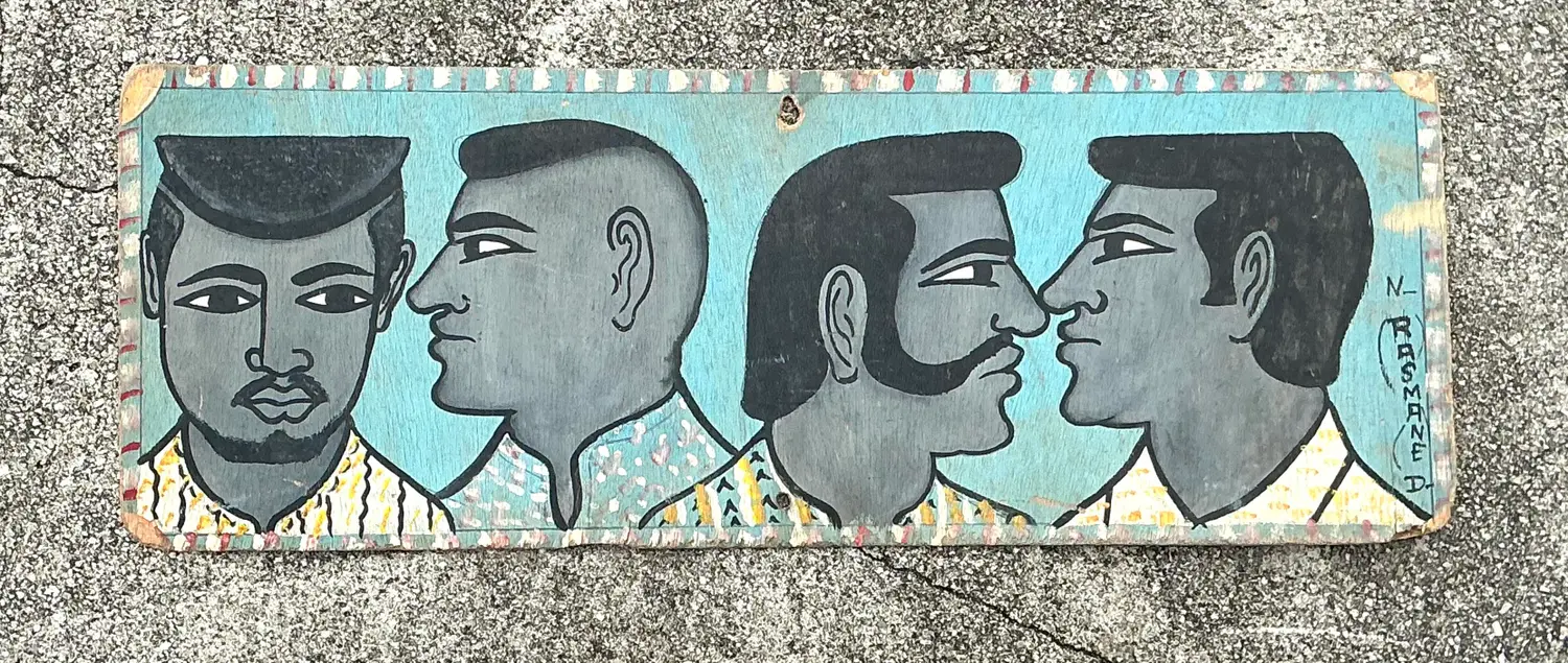 Vintage 70s Hand Painted Barber Hairstyle Sign - Detail view
