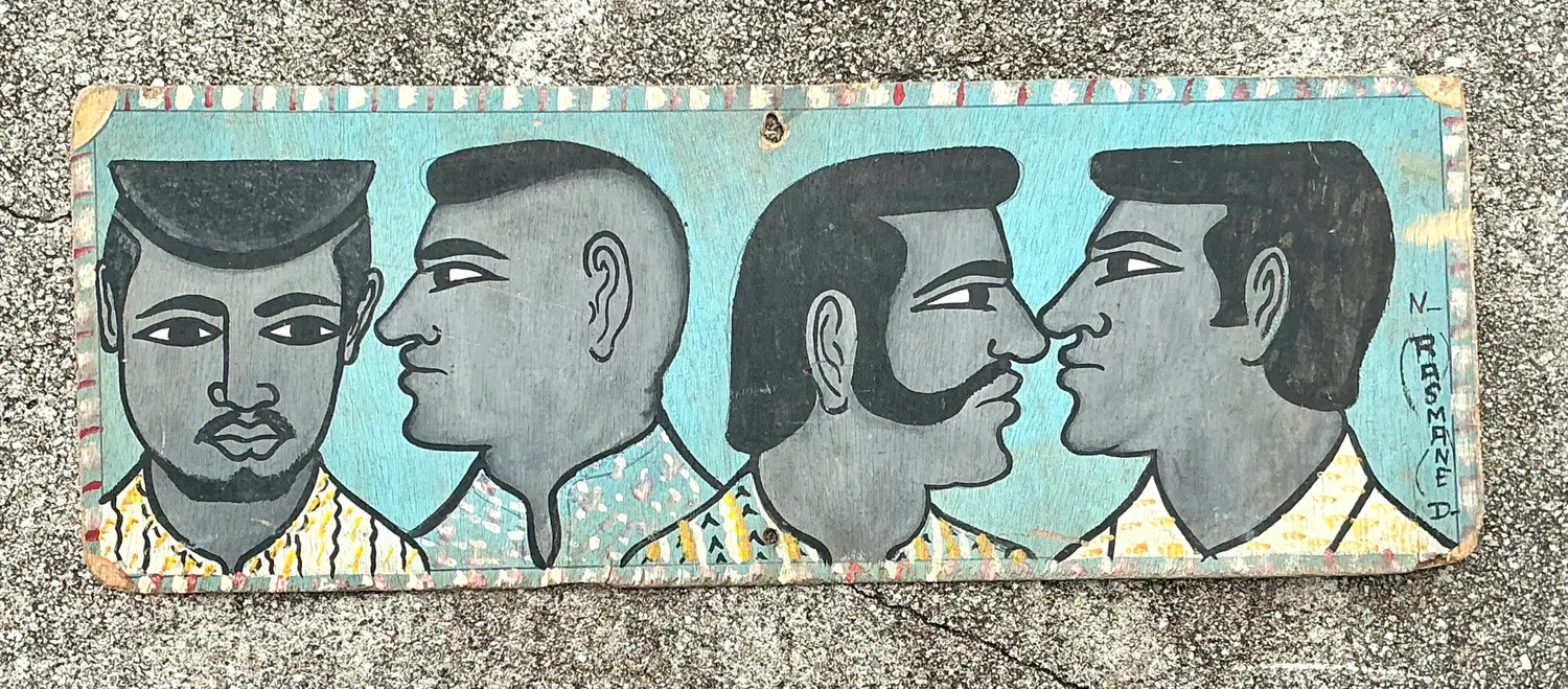 Vintage 70s Hand Painted Barber Hairstyle Sign - Back view
