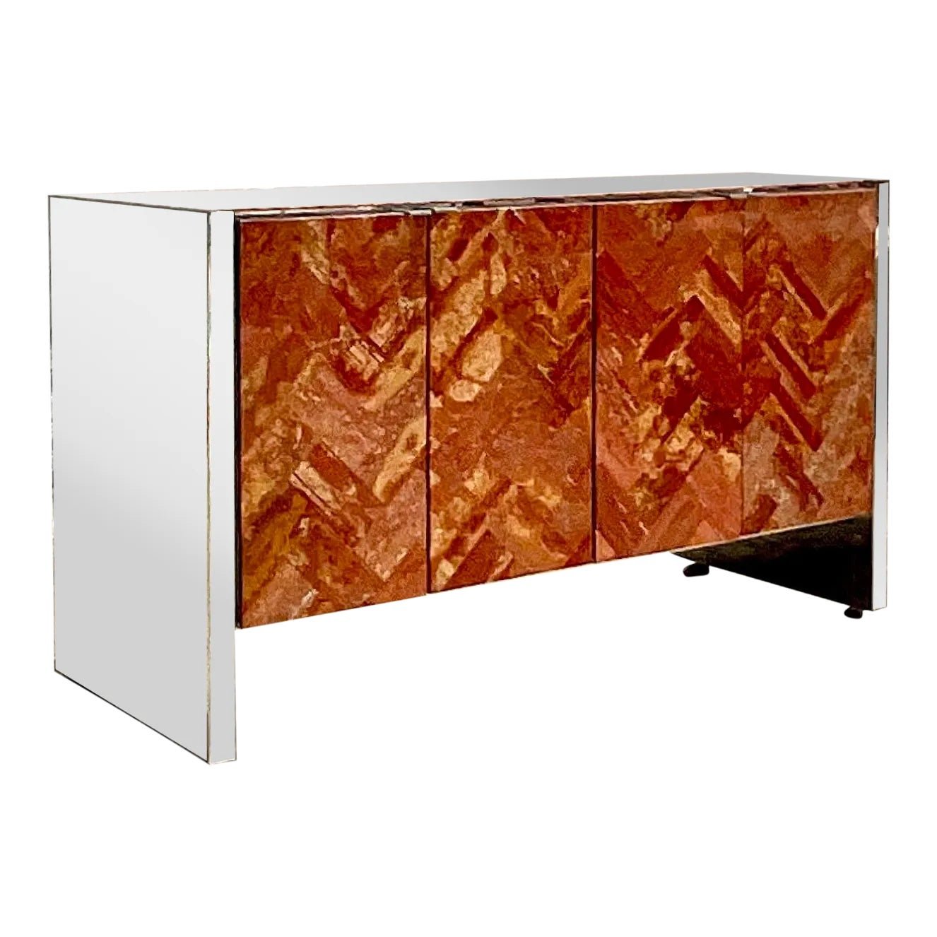 Vintage 80s Ello Chevron Travertine and Chrome Credenza