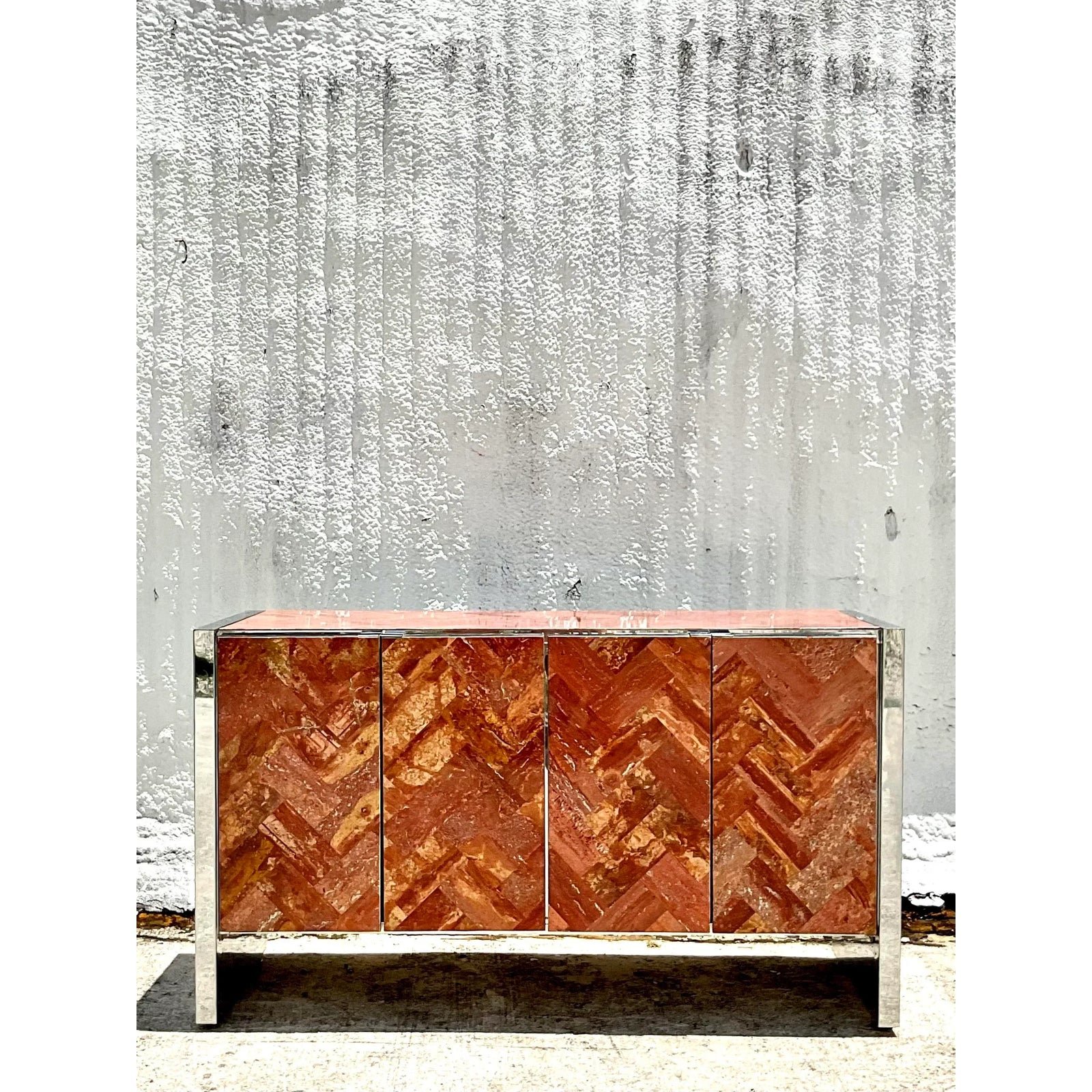 Vintage 80s Ello Chevron Travertine and Chrome Credenza - Top view