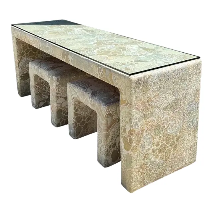 Vintage 80s Upholstered Console and Stools After Jack Lenor Larsen