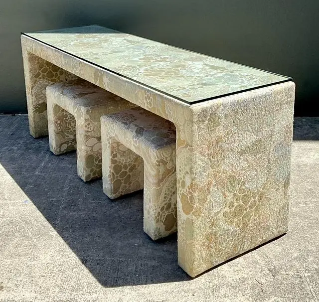 Vintage 80s Upholstered Console and Stools After Jack Lenor Larsen - Top view