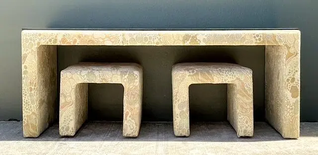 Vintage 80s Upholstered Console and Stools After Jack Lenor Larsen - Detail view