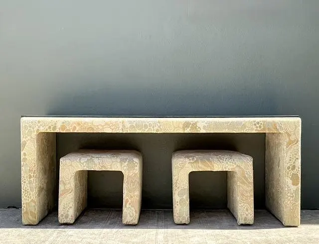 Vintage 80s Upholstered Console and Stools After Jack Lenor Larsen - Side view