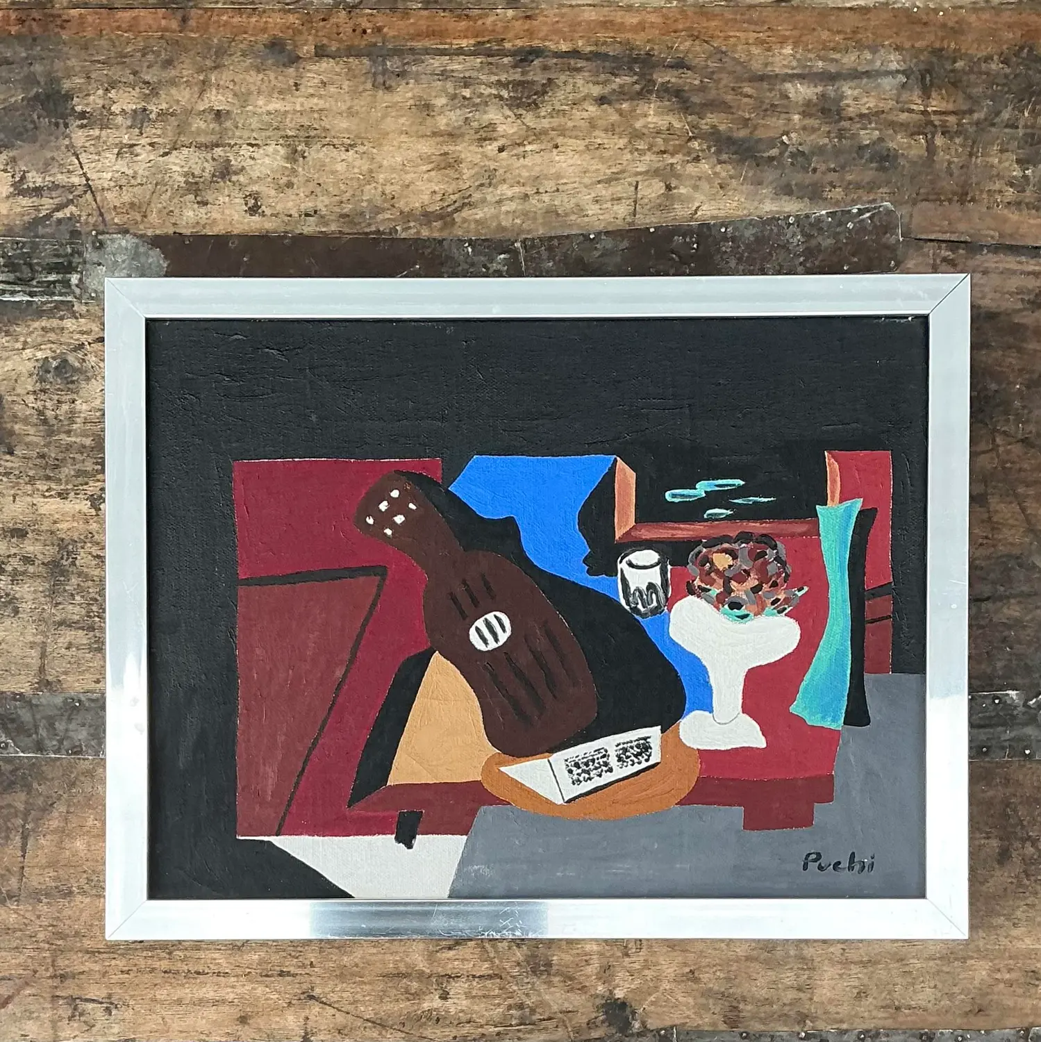 Vintage Abstract Cubist Still Life on Canvas - Detail view