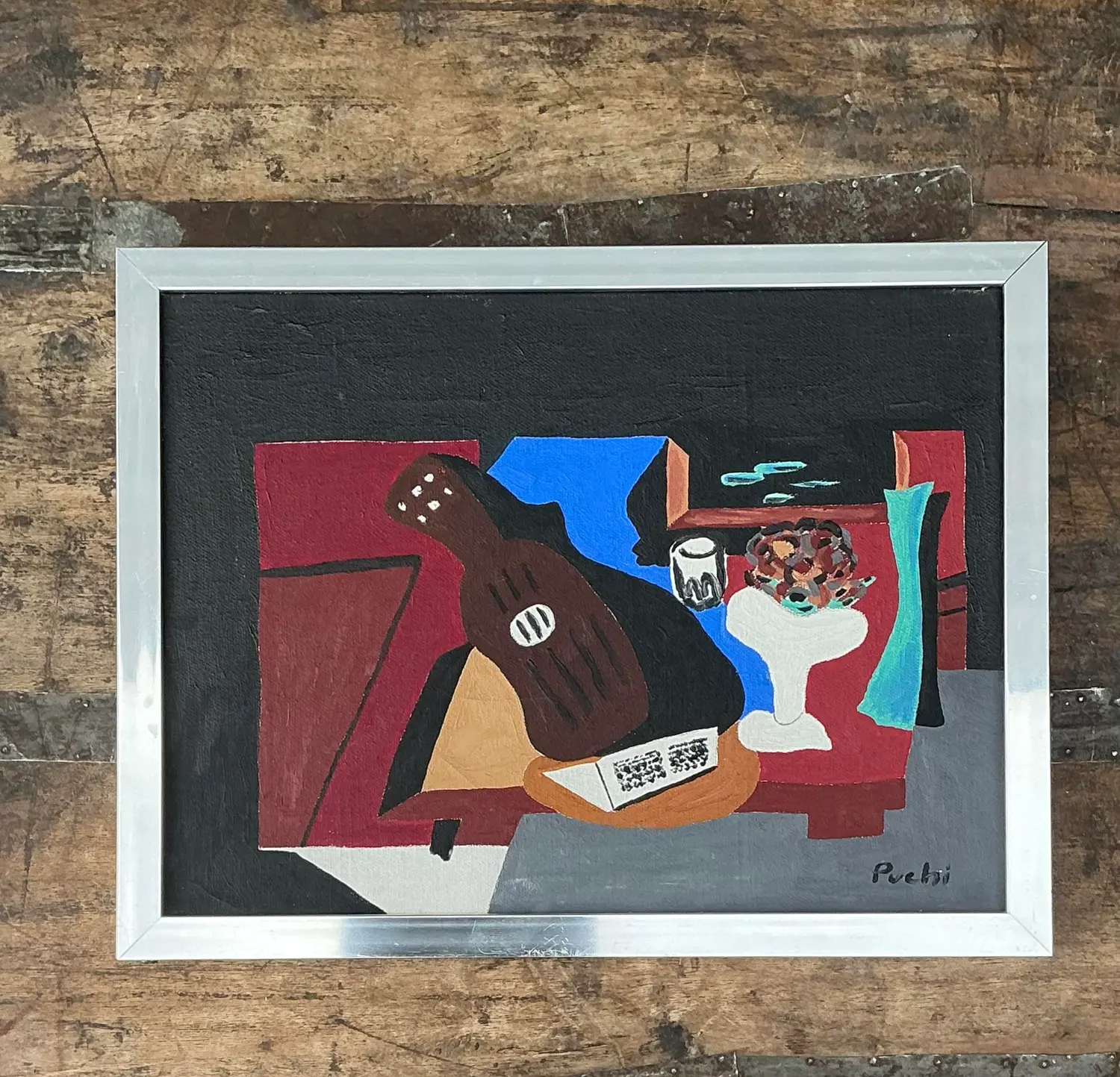 Vintage Abstract Cubist Still Life on Canvas - Side view