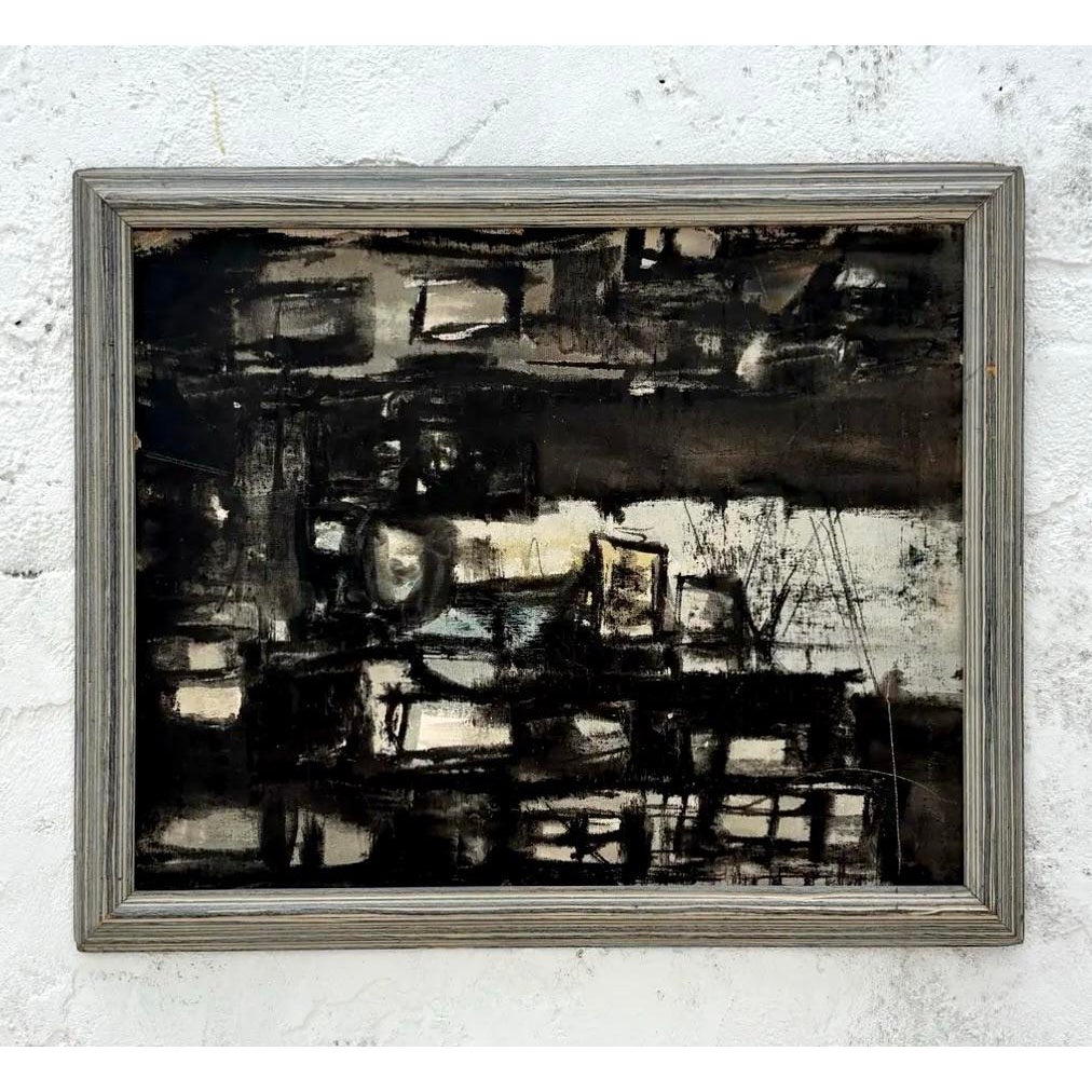 Vintage Abstract Expressionism Oil Painting in Frame - Detail view