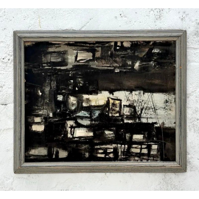 Vintage Abstract Expressionism Oil Painting in Frame - Side view