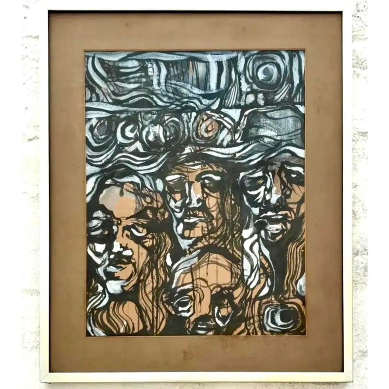 Vintage Abstract Face Oil Painting on Paper - Top view