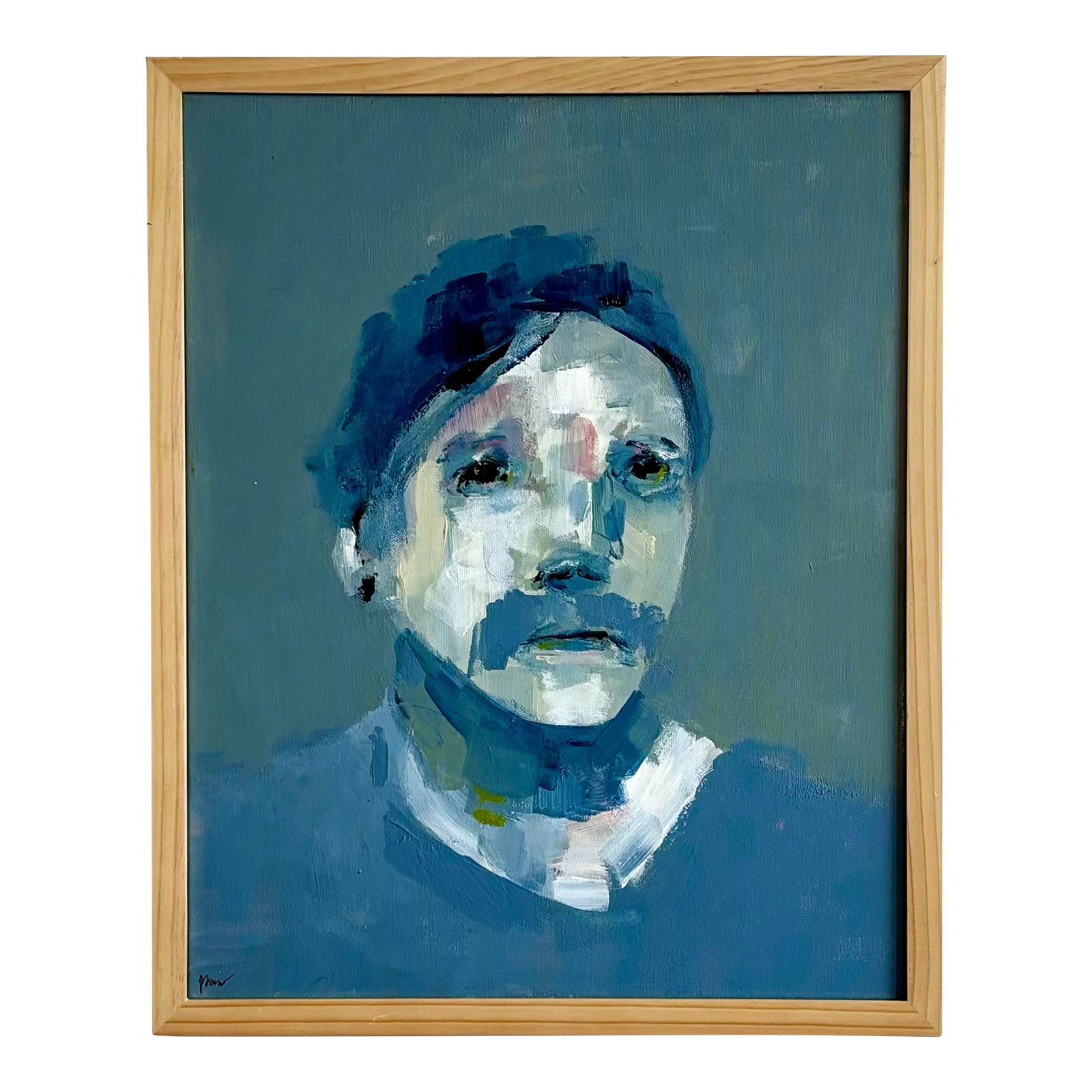 Vintage Abstract Grey Blue Portrait in Wood Frame