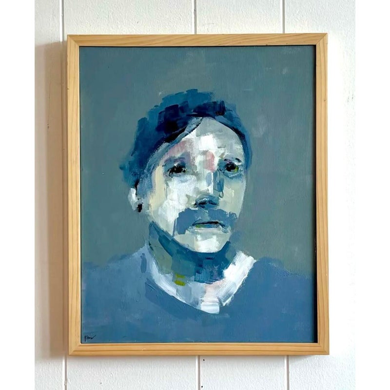 Vintage Abstract Grey Blue Portrait in Wood Frame - Detail view