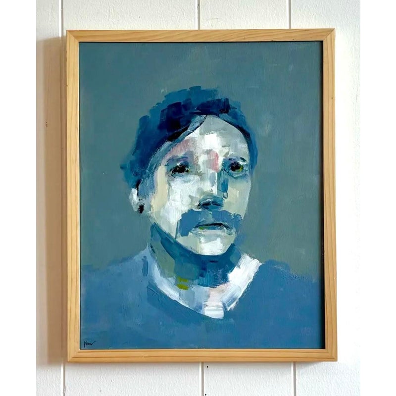 Vintage Abstract Grey Blue Portrait in Wood Frame - Side view