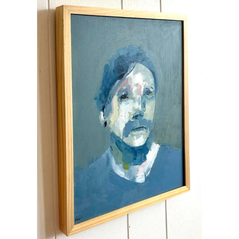 Vintage Abstract Grey Blue Portrait in Wood Frame - Back view